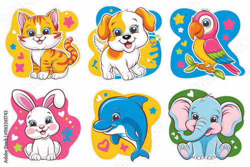 Animal stickers with fun shapes, cute designs featuring hearts clouds and stars