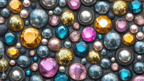 A seamless pattern of radiant gemstones and pearls, arranged in a harmonious and luxurious texture perfect for upscale themes