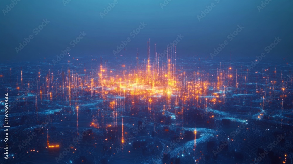 Smart city with speed line glowing light trail surround the city. big data connection technology concept Smart city with speed line glowing light trail surround the city. big data connection technology concept