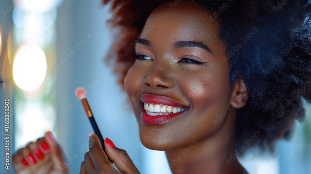 Fototapeta premium A black woman is applying cosmetics and smiling brightly, AI-generated image