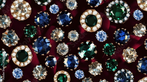 A seamless pattern of sparkling sapphires and emeralds set against a rich burgundy background, exuding luxury