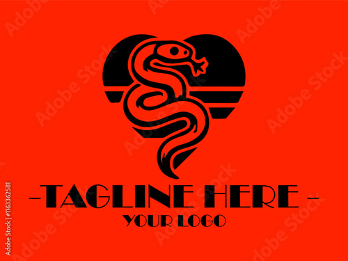 Black cobra wraps around a small heart, against a red background. Suitable for love themes, wildlife concepts, and exotic designs,  valentines Day designs