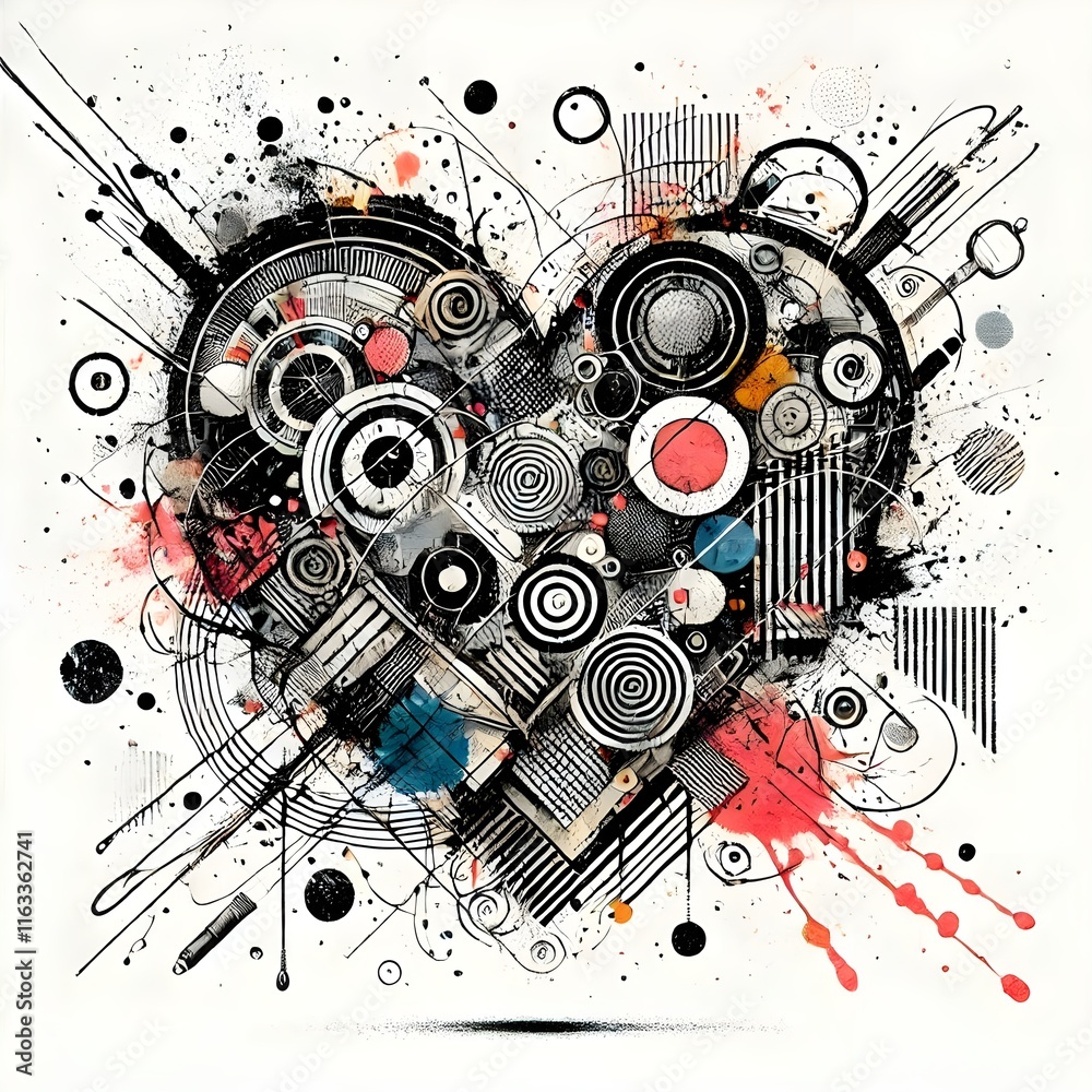 Obraz premium Generative AI, Mixed media heart combining paint splatter, pen lines, and collage-style texture. Artistic chaos with controlled composition.