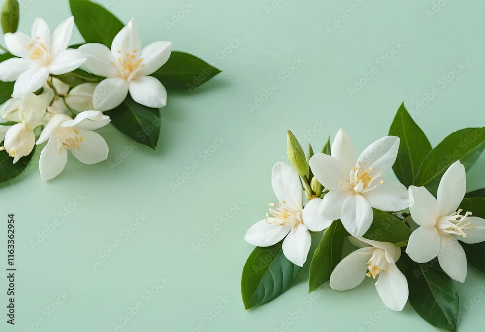 Fototapeta premium A close-up of jasmine flowers on a pale green background