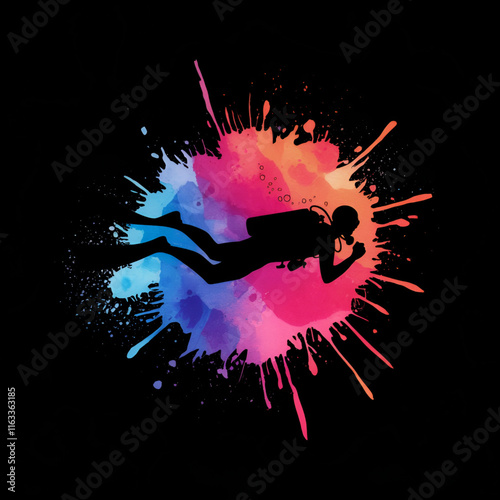 Colorful t-shirt design with artistic watercolor splatters and creative scuba diving art