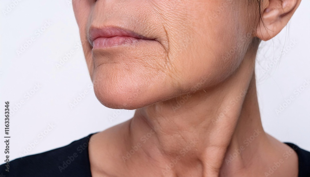 Obraz premium Detailed view of a wrinkled chin and jawline area, showing uneven texture and slight sagging in isolated white background 