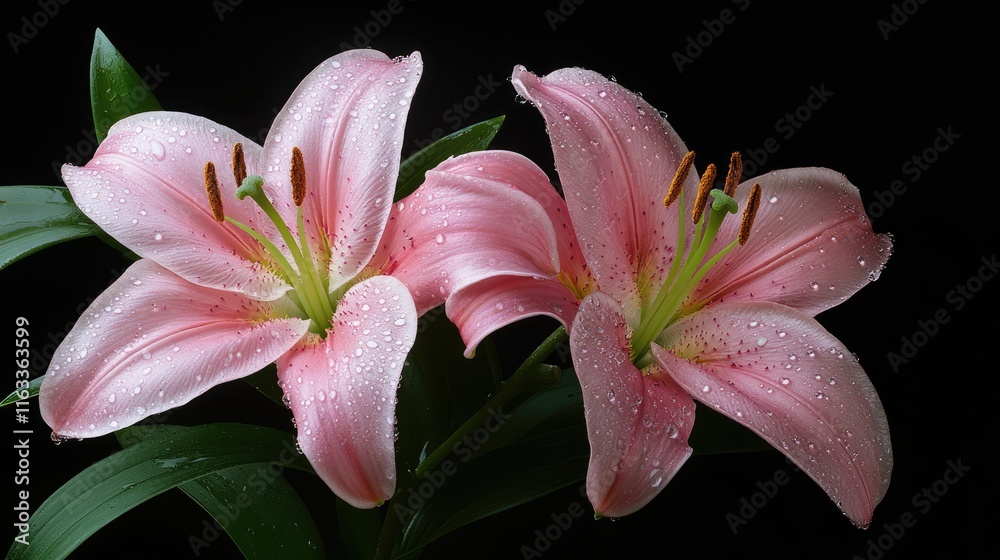 Obraz premium Pink Lilies with Dew Drops on Black Background
