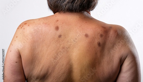 macro image of hyperpigmentation on the back showing signs of aging with age spots wrinkles and uneven skin tone in isolated white background
 photo