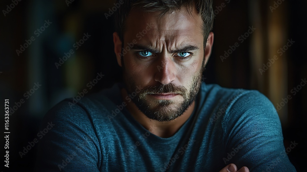 Intense emotional portrait of a man in dark environment close-up Intense emotional portrait of a man in dark environment close-up