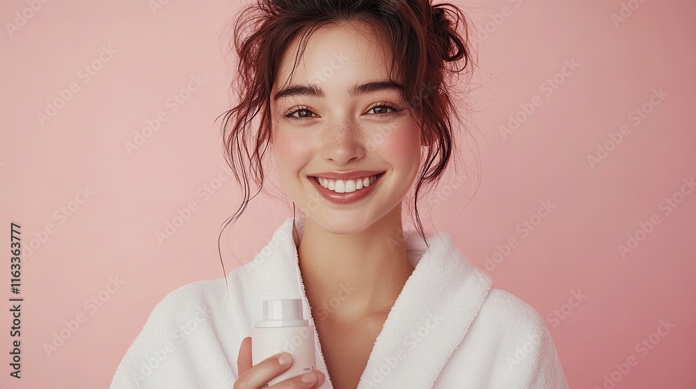 Woman in White Robe with Skincare Product – A smiling woman in a white robe holds a skincare product in front of a soft pink background, emphasizing beauty and self-care. Woman in White Robe with Skincare Product – A smiling woman in a white robe holds a skincare product in front of a soft pink background, emphasizing beauty and self-care.