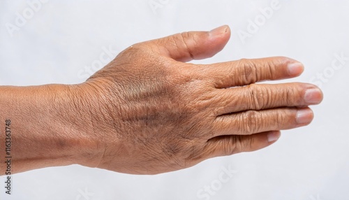 macro image of wrinkles on the back of the hand with visible veins and age spots in isolated white background
 photo