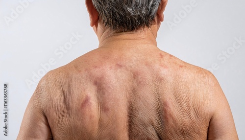 macro image of aged skin on the upper back with wrinkles, discoloration, and natural folds in isolated white background
 photo