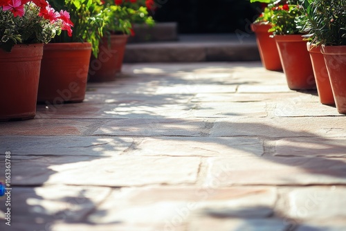 Beautiful Pathway Surrounded by Vibrant Flower Pots on a Sunlit Day, Showcasing a Tranquil Outdoor Space for Relaxation and Enjoyment of Nature's Beauty photo