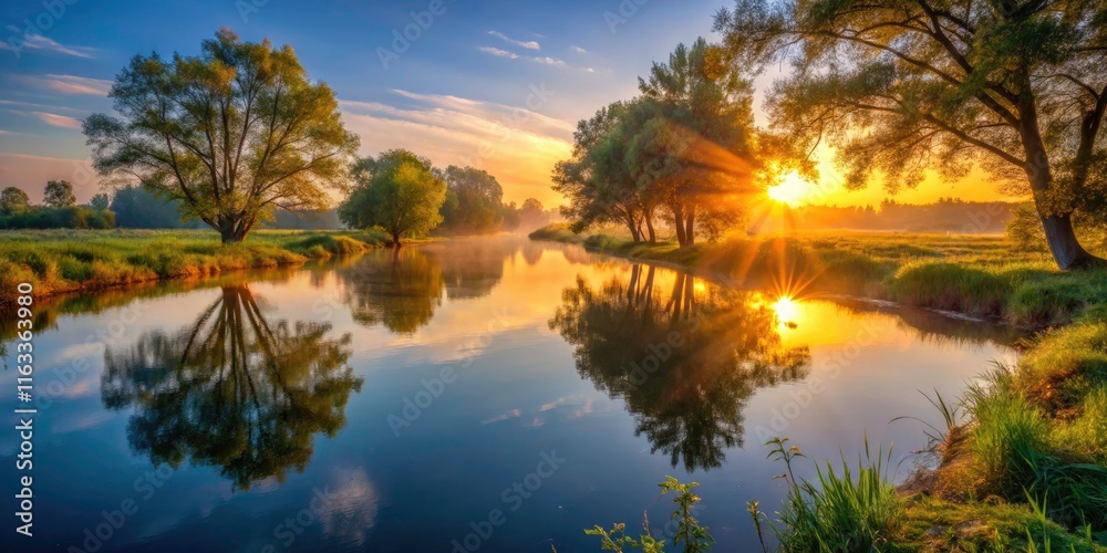 Serene Sunrise Over a Tranquil River, Warm Light and Long Shadows on the Water and Trees, Nature's Beauty at Dawn, Scenic Landscape, Peaceful Morning Reflections Serene Sunrise Over a Tranquil River, Warm Light and Long Shadows on the Water and Trees, Nature's Beauty at Dawn, Scenic Landscape, Peaceful Morning Reflections