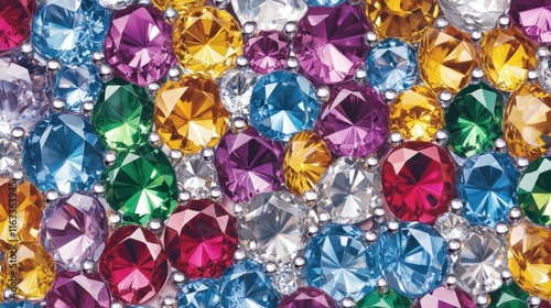 A sparkling seamless pattern of diamond-cut gems in vibrant colors, arranged in a sophisticated and elegant design