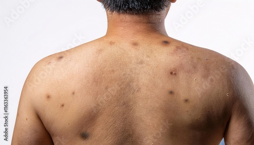 macro view of liver spots and uneven skin texture on the back, showcasing signs of aging in isolated white background
 photo