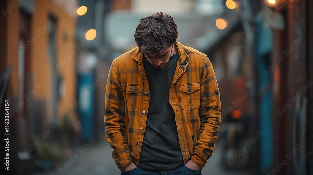 Close-up of a reflective young man in an urban evening scene Close-up of a reflective young man in an urban evening scene