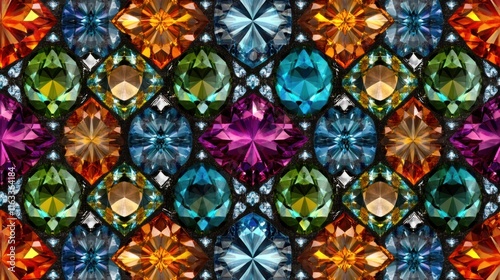 A sparkling seamless pattern of diamond-cut gems in vibrant colors, arranged in a sophisticated and elegant design