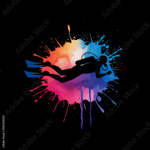Colorful t-shirt design with artistic watercolor splatters and creative scuba diving art