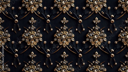 A sparkling seamless pattern of diamonds and gold accents on a deep velvet background, evoking timeless luxury