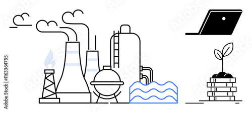 Industrial factory with cooling towers and smoke emissions juxtaposed with a growing plant on soil bricks, laptop nearby. Ideal for sustainability, environmental impact, industrialization
