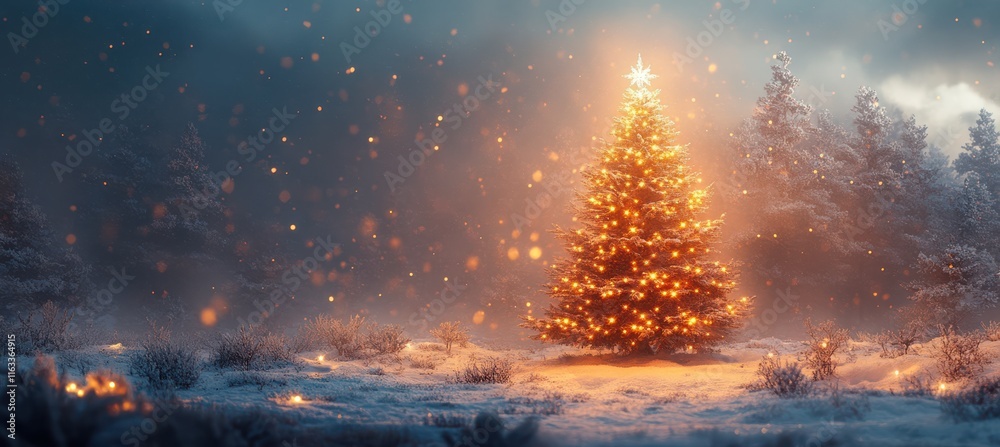 Naklejka premium Christmas Tree with Snowy Blurred Background.