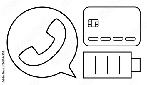 Phone in chat bubble, credit card, and battery icons representing communication, finance, and energy. Ideal for mobile apps, finance tech, telecommunications, energy efficiency online payment