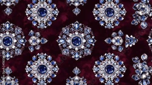 A sparkling seamless pattern of diamonds and sapphires set against a deep burgundy background, evoking luxury