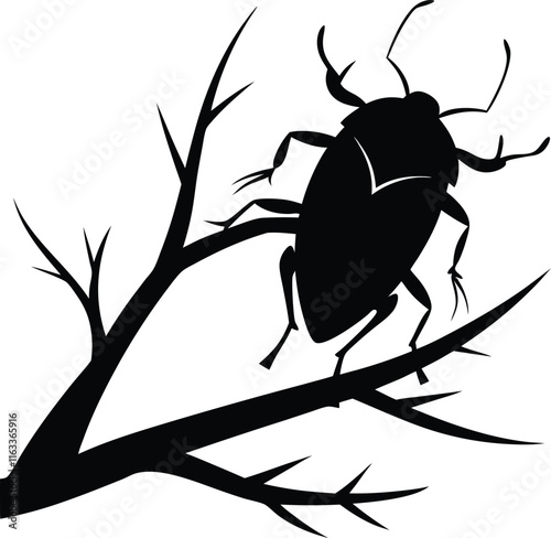 Silhouette of a Giant Water Bug on a Branch: Vector Illustration of Lethocerus Americanus, Aquatic Insect, Wildlife Art