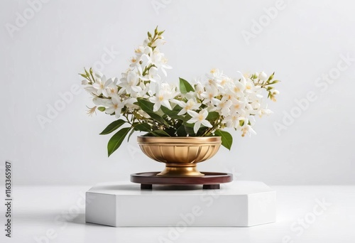 Wallpaper Mural A podium with a microphone and a bouquet of jasmine flowers on a white background Torontodigital.ca