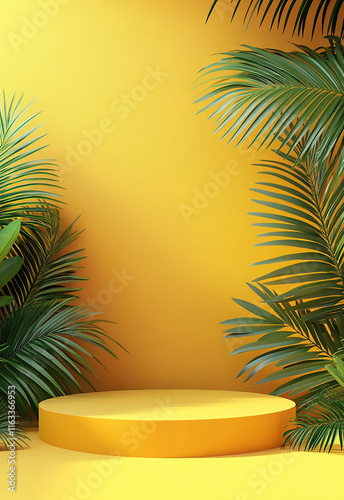 Vibrant yellow studio backdrop with lush green plants, creating a sunny, tropical atmosphere perfect for photo shoots  showcasing, featuring lush palm leaves and a clean, bright yellow background 