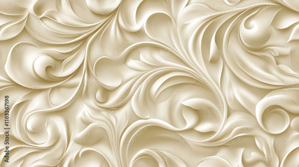 A luxurious seamless cream pattern with swirling vine-like designs and soft shadowing for a three-dimensional effect A luxurious seamless cream pattern with swirling vine-like designs and soft shadowing for a three-dimensional effect