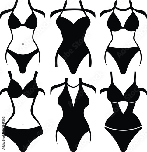 Black Silhouette Swimsuit Collection: Fashion Vector Art of Bikini & One-Piece Bathing Suits for Women's Summer Apparel Design