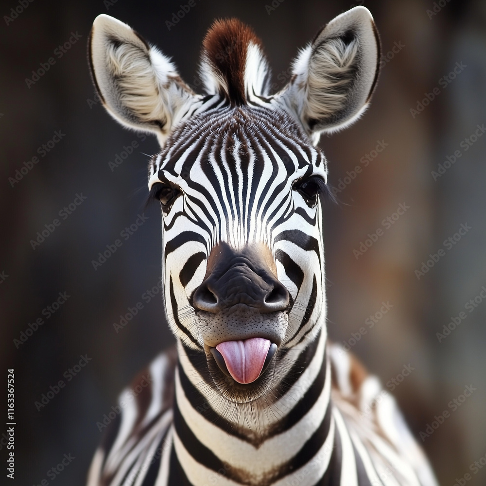 Naklejka premium A playful zebra sticking its tongue out against a natural background