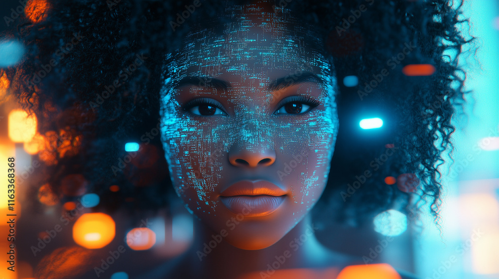 African American Girl Using Augmented Reality A Young Data Minimalist Scientist AR,VR Illustration Private Data Leak Texture A Blue Orange Purple Tranquil Hologram Virtual Reality, Machine Learning AI African American Girl Using Augmented Reality A Young Data Minimalist Scientist AR,VR Illustration Private Data Leak Texture A Blue Orange Purple Tranquil Hologram Virtual Reality, Machine Learning AI
