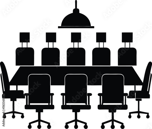 Boardroom Meeting Silhouette: Conference Table with Chairs, Business Meeting Icon, Corporate Discussion, Flat Vector Illustration