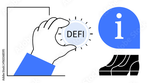 Hand holding DeFi coin, blue information icon, and abstract steps. Ideal for cryptocurrency, decentralized finance DeFi, digital assets, financial growth, blockchain, tech education investment