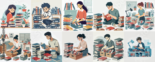 Vector set of a teenager sorting old books in a simple flat design style