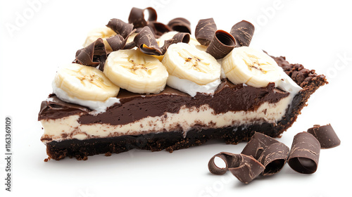 Delicious chocolate banana cream pie slice topped with chocolate curls and banana slices. Perfect dessert treat.