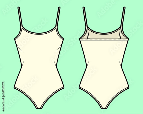 Ladies One-piece swimsuit for swimwear, beachwear ecru colour flat sketch outline template. 