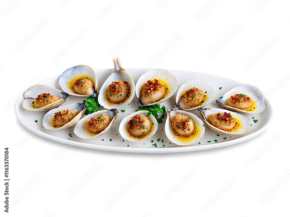 Clams Casino Tender clams on the half-shell, topped with breadcrumbs, crispy bacon bits, and a sprinkle of parsley, broiled to Clams Casino Tender clams on the half-shell, topped with breadcrumbs, crispy bacon bits, and a sprinkle of parsley, broiled to