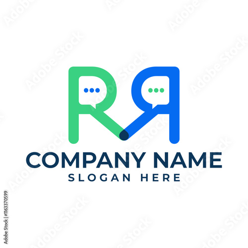 Connecte letter RR in different coloro with the bubble chat on the letter R represent chatting and messaging industry