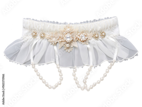 semi-transparent bridal garter with floral lace detailing, embellished with small pearls and crystals.