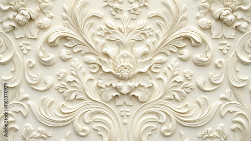 A seamless cream-colored pattern with ornate scroll-like motifs and intricate floral details for a timeless aesthetic