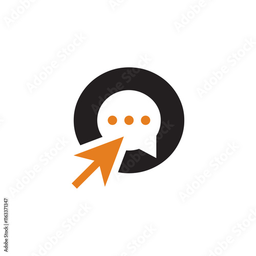 A black circle encloses a white speech bubble with three dots. An orange arrow, resembling a mouse cursor, points towards the speech bubble. photo