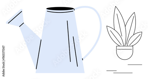 Light blue watering can with handle and spout, minimalist potted plant with three leaves. Ideal for gardening, growth, nurturing, minimalism, environment, care sustainability. Simple abstract line