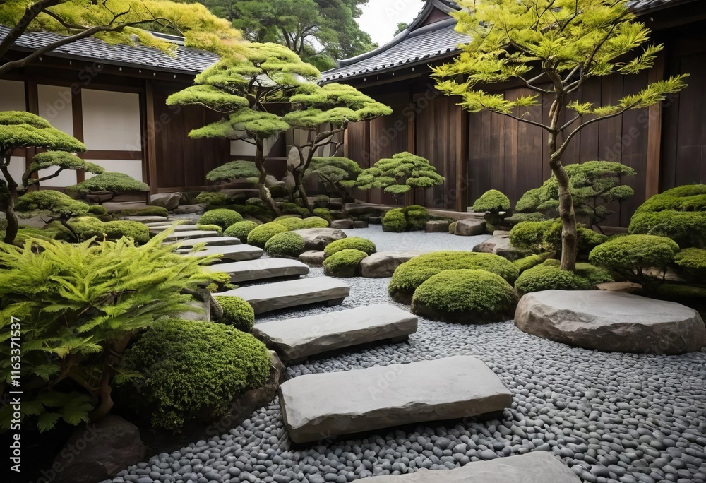A serene Japanese-style garden with a stone pathway and lush greenery