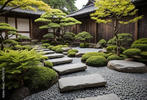 Obraz na płótnie A serene Japanese-style garden with a stone pathway and lush greenery w salonie