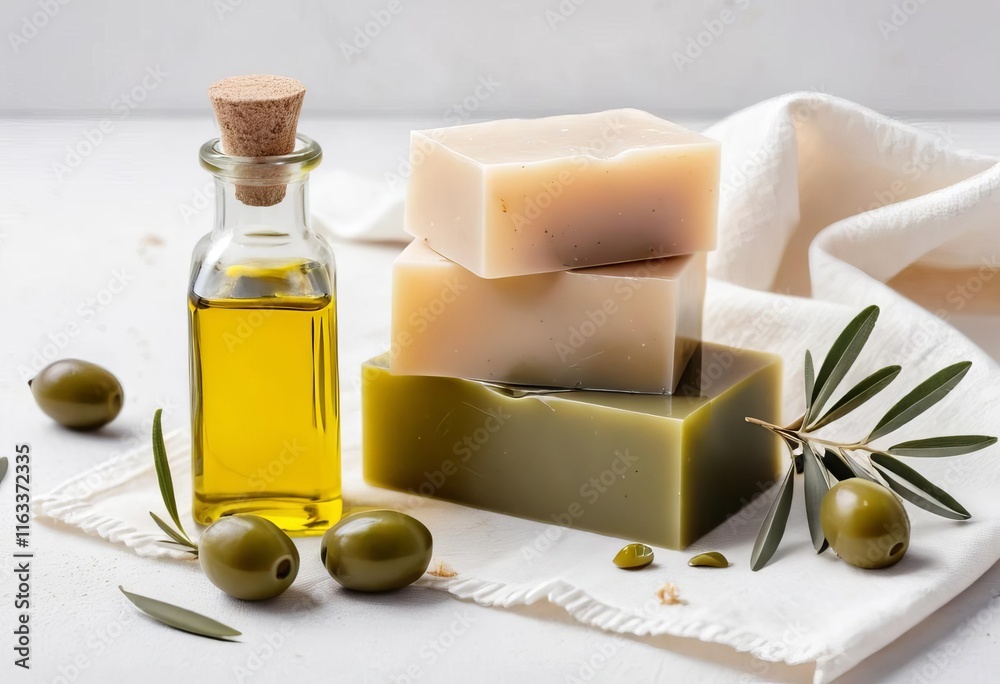 A bar of olive oil soap on a white cloth with soap shavings scattered around it