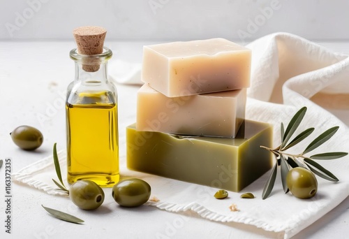 Obraz na płótnie A bar of olive oil soap on a white cloth with soap shavings scattered around it w salonie